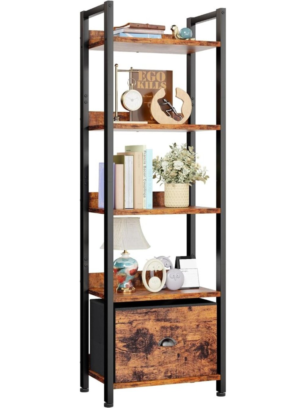 New 5 Tier Bookshelf with Drawer, Tall Narrow Bookcase, Rustic Brown